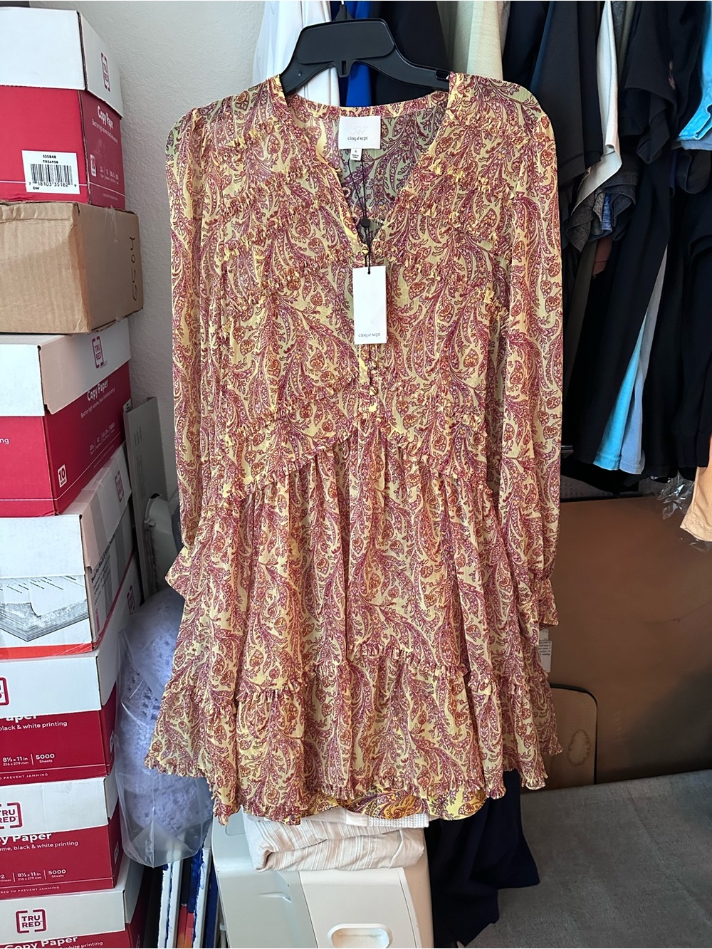 cinq a sept Paisley Tiered Long-Sleeve Dress in Mustard & Burgundy